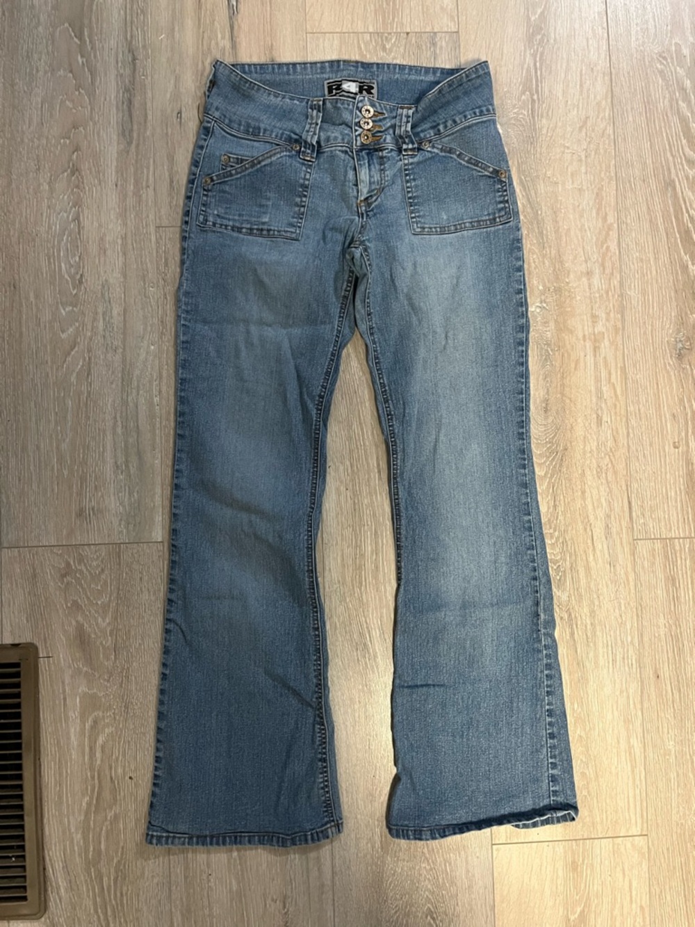 Vintage rave R4R size 9 High-Rise Light Blue Flare Jeans with Triple-Button Y2K